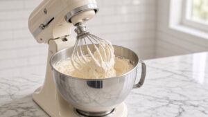 Fluffy cream cheese frosting on a stand mixer whisk attachment