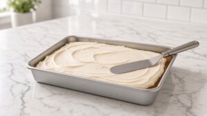 Spreading cream cheese frosting over pumpkin bars in a 9x13 pan with an offset spatula