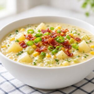 Bowl of creamy corn chowder with potatoes, celery and green bell pepper on a checked kitchen towel