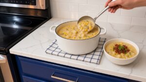 Ladling creamy corn chowder topped with bacon and green onions into a bowl