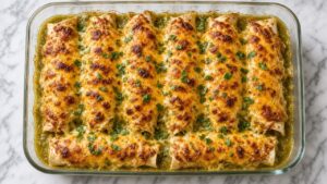 Bubbly green chili beef enchiladas with golden broiled cheese fresh out of the oven