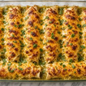 Bubbly green chili beef enchiladas with golden broiled cheese fresh out of the oven