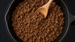 Browning ground beef in a cast iron skillet and breaking it up with a wooden spoon