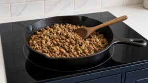 Seasoned ground beef, onion and pinto beans with green sauce in a cast iron skillet