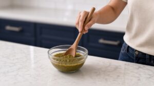 Stirring green enchilada sauce, diced green chiles and salsa verde together in a glass mixing bowl