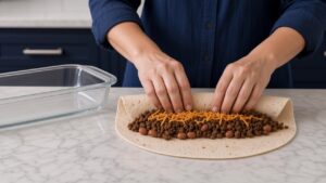 Rolling a flour tortilla filled with green chili beef filling and cheddar