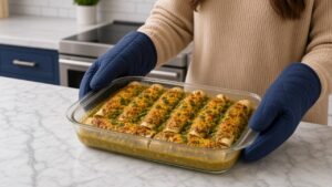 Bubbly green chili chicken enchiladas with golden broiled cheese fresh out of the oven