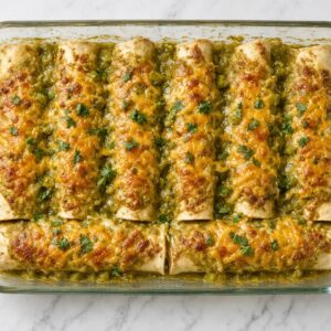 Green chili chicken enchiladas in a glass baking dish with golden broiled cheddar and fresh cilantro