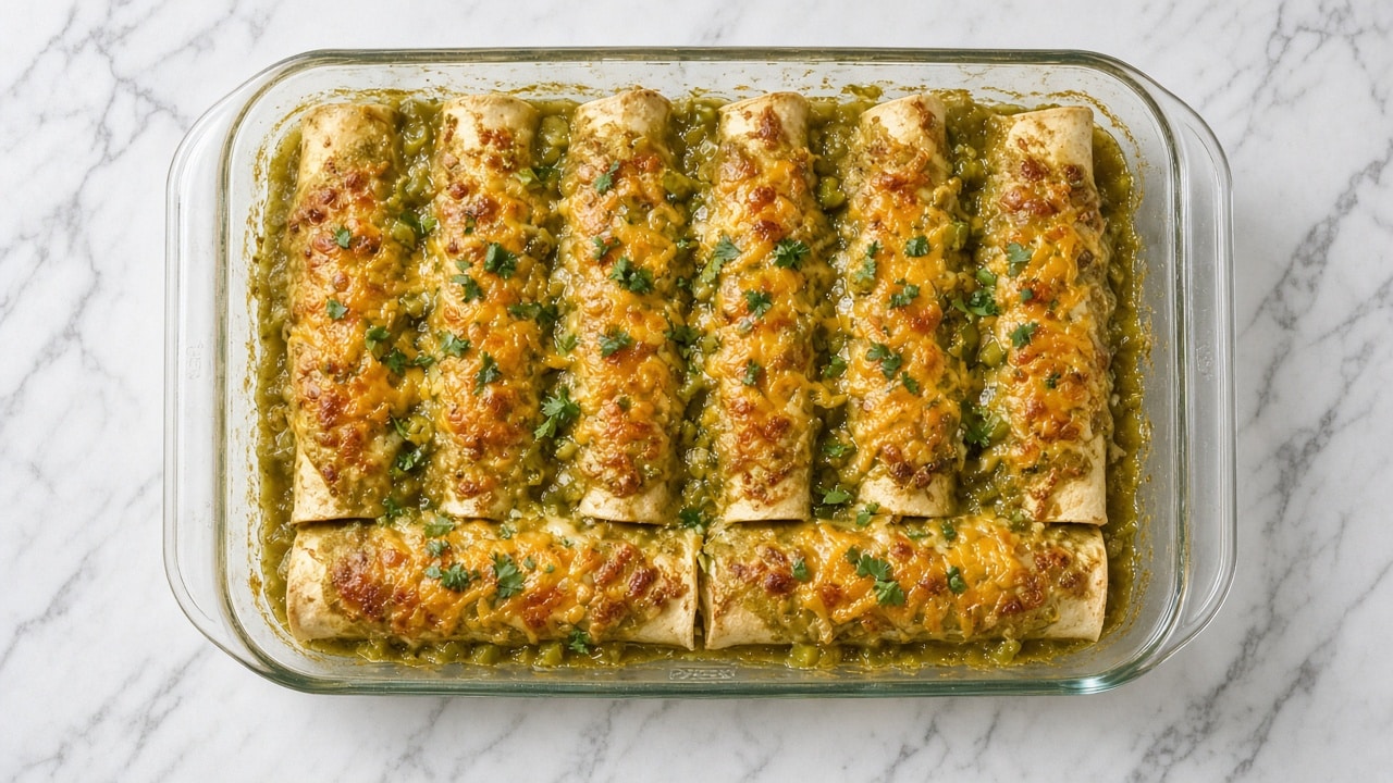Green chili chicken enchiladas in a glass baking dish with golden broiled cheddar and fresh cilantro