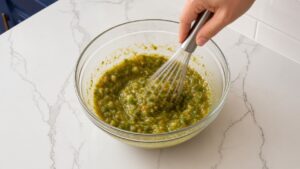 Stirring green enchilada sauce, diced green chiles and salsa verde together in a glass mixing bowl