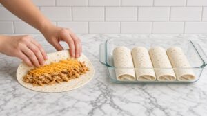 Rolling a flour tortilla filled with seasoned shredded chicken and cheddar for green chili chicken enchiladas