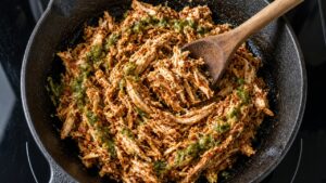 Shredded chicken simmering with taco seasoning and green sauce in a skillet