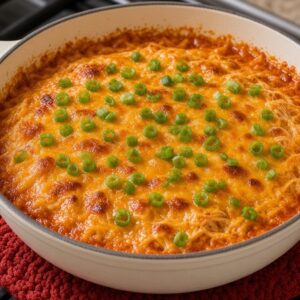 smoked buffalo chicken dip in a cast iron Dutch oven on the stove