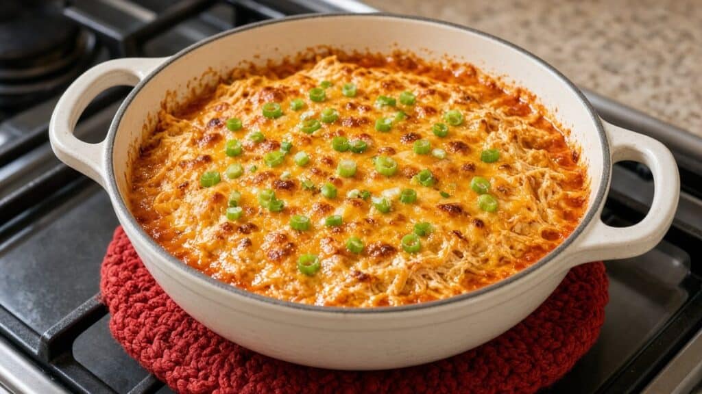 smoked buffalo chicken dip in a cast iron Dutch oven on the stove
