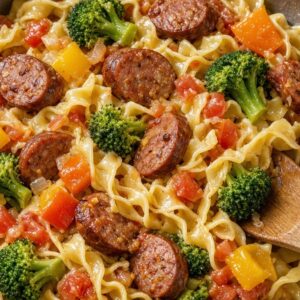 Vegetable stir fry with andouille sausage and noodles in a skillet
