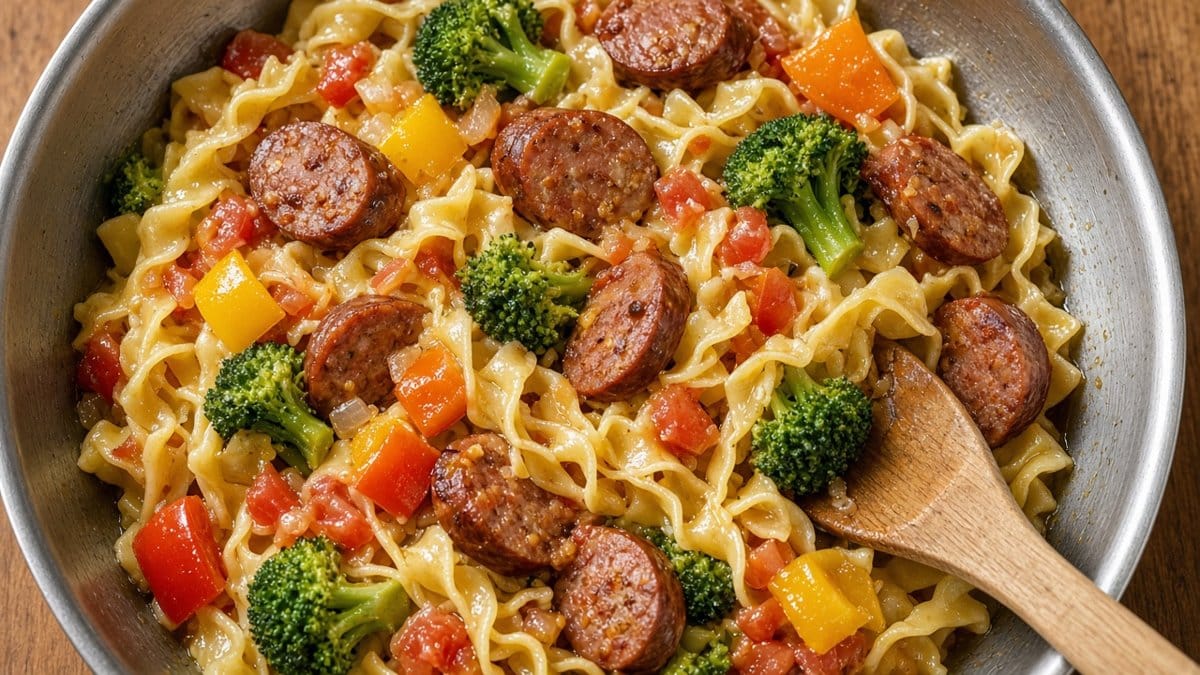 Vegetable stir fry with andouille sausage and noodles in a skillet